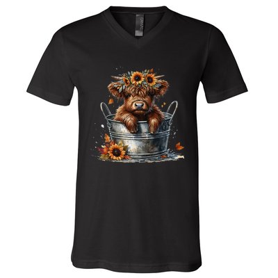 Highland Cow Sunflower ItS Fall YAll Farming Fall Vibes V-Neck T-Shirt