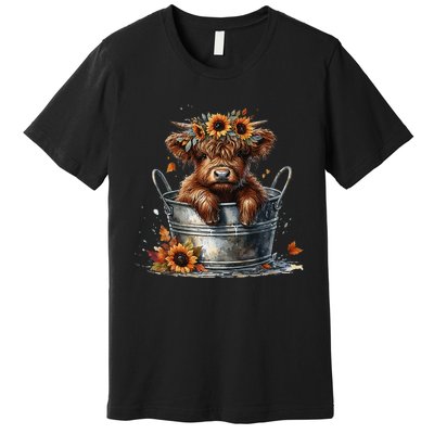 Highland Cow Sunflower ItS Fall YAll Farming Fall Vibes Premium T-Shirt