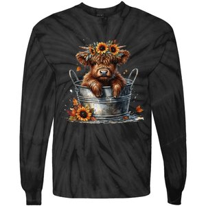 Highland Cow Sunflower ItS Fall YAll Farming Fall Vibes Tie-Dye Long Sleeve Shirt