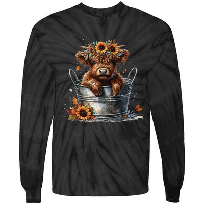 Highland Cow Sunflower ItS Fall YAll Farming Fall Vibes Tie-Dye Long Sleeve Shirt