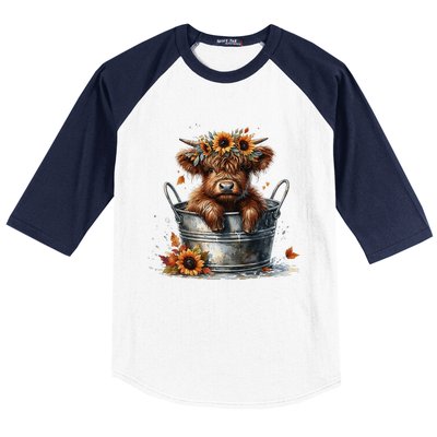 Highland Cow Sunflower ItS Fall YAll Farming Fall Vibes Baseball Sleeve Shirt