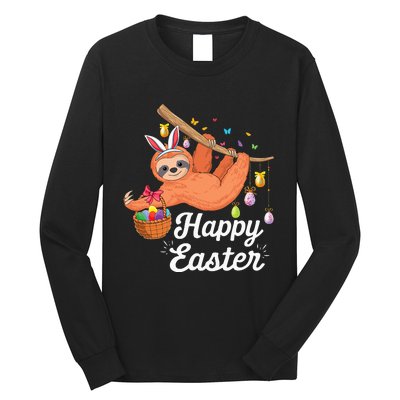 Happy cute sloth with Bunny ears & Egg Hunting Easter sloth Long Sleeve Shirt