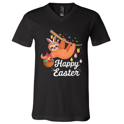 Happy cute sloth with Bunny ears & Egg Hunting Easter sloth V-Neck T-Shirt