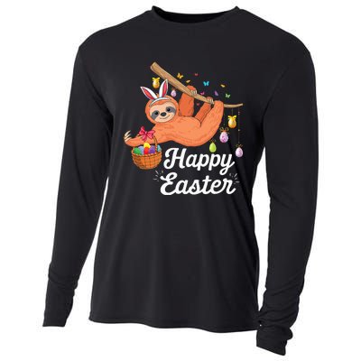 Happy cute sloth with Bunny ears & Egg Hunting Easter sloth Cooling Performance Long Sleeve Crew