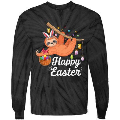 Happy cute sloth with Bunny ears & Egg Hunting Easter sloth Tie-Dye Long Sleeve Shirt