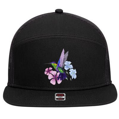 Hummingbird Colibri Snowcap Bird Flowers Tropical Summer 7 Panel Mesh Trucker Snapback Hat