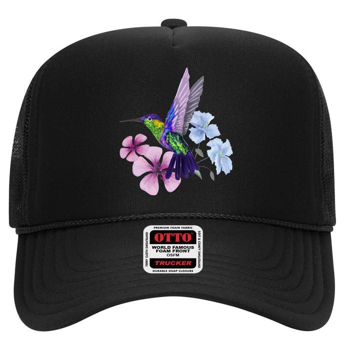 Hummingbird Colibri Snowcap Bird Flowers Tropical Summer High Crown Mesh Back Trucker Hat