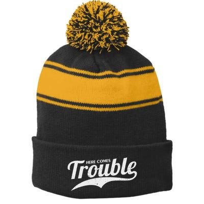 Here Comes Trouble Funny Trouble Maker Stripe Pom Pom Beanie