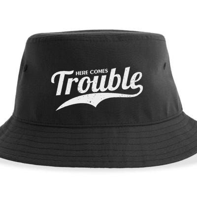 Here Comes Trouble Funny Trouble Maker Sustainable Bucket Hat