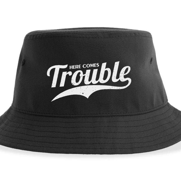 Here Comes Trouble Funny Trouble Maker Sustainable Bucket Hat