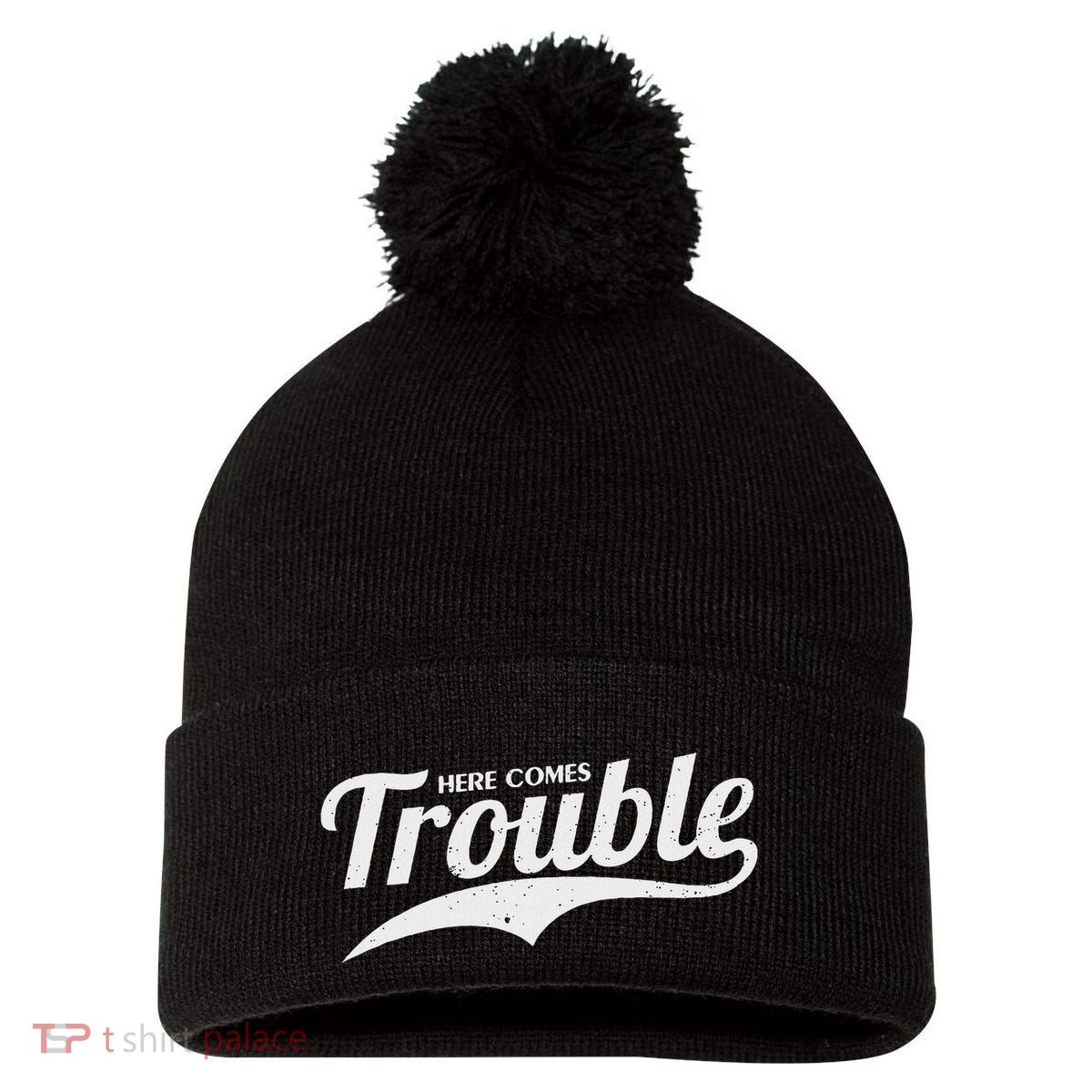Here Comes Trouble Funny Trouble Maker Pom Pom 12in Knit Beanie