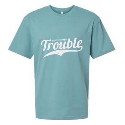 Here Comes Trouble Funny Trouble Maker Sueded Cloud Jersey T-Shirt