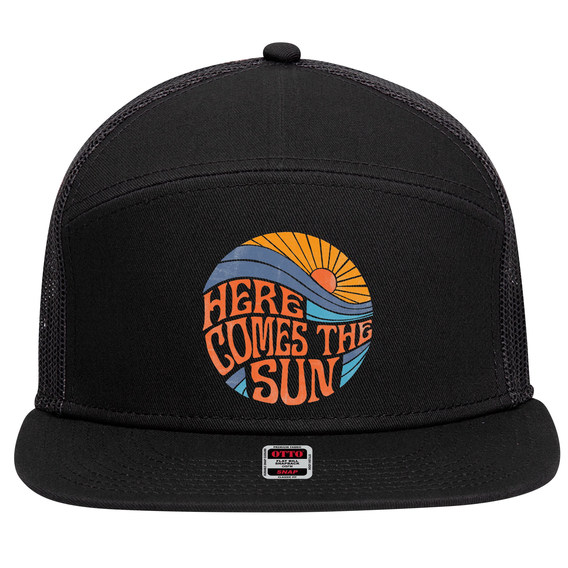 Here Comes The Sun Vintage Retro Sixties Surf Summer Beach 7 Panel Mesh Trucker Snapback Hat