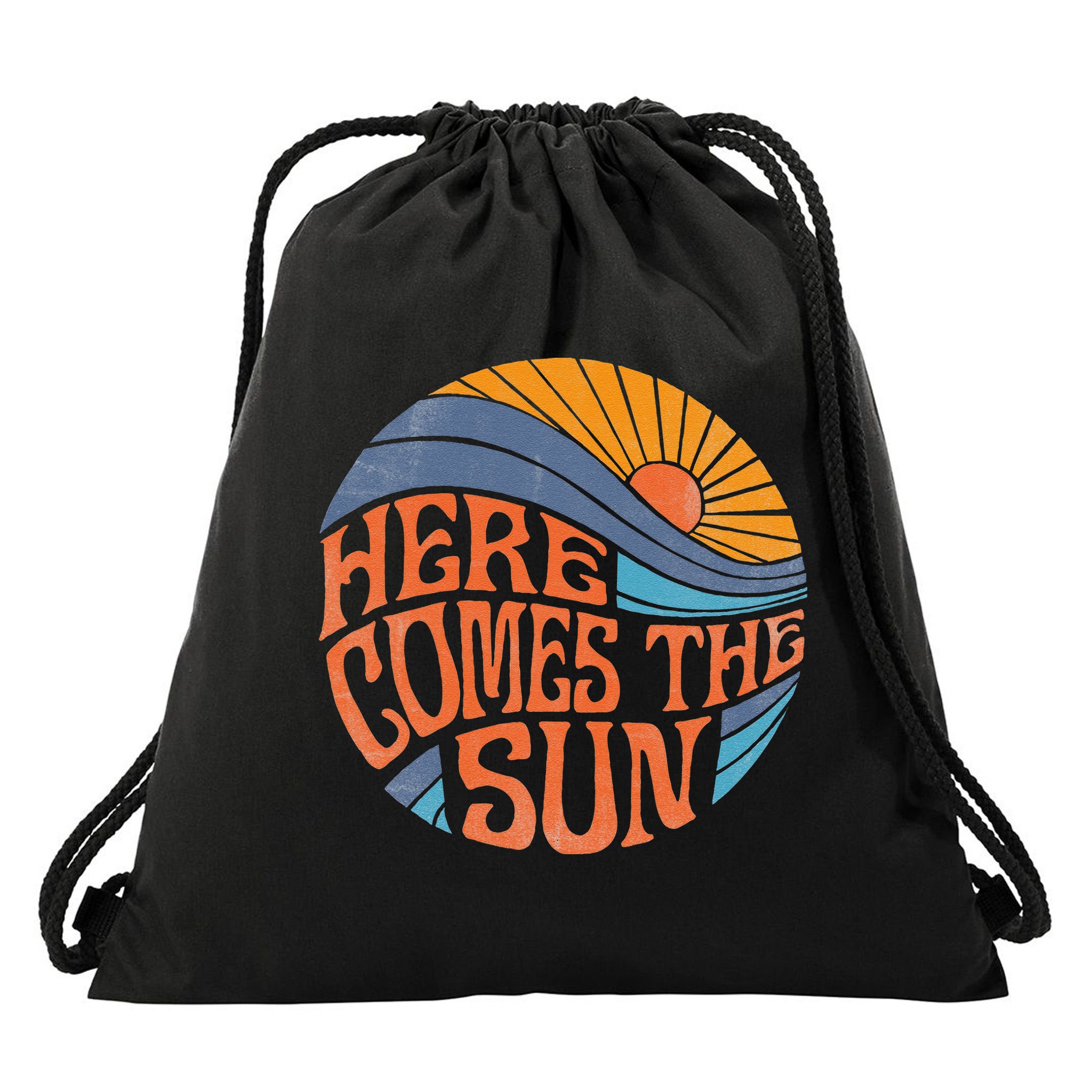 Here Comes The Sun Vintage Retro Sixties Surf Summer Beach Drawstring Bag