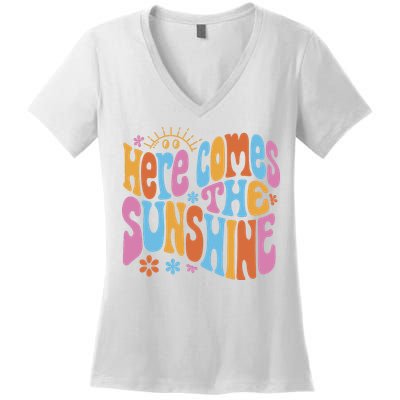 Here Comes The Sunshine Colorful Retro Women's V-Neck T-Shirt