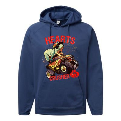 Hearts Crusher T Rex Dinosaur Riding Monster Truck Gift Performance Fleece Hoodie