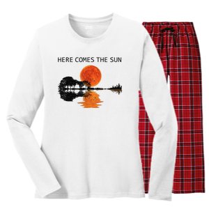 Here Comes The Sun Guitar Shadow Sunset  Women's Long Sleeve Flannel Pajama Set 