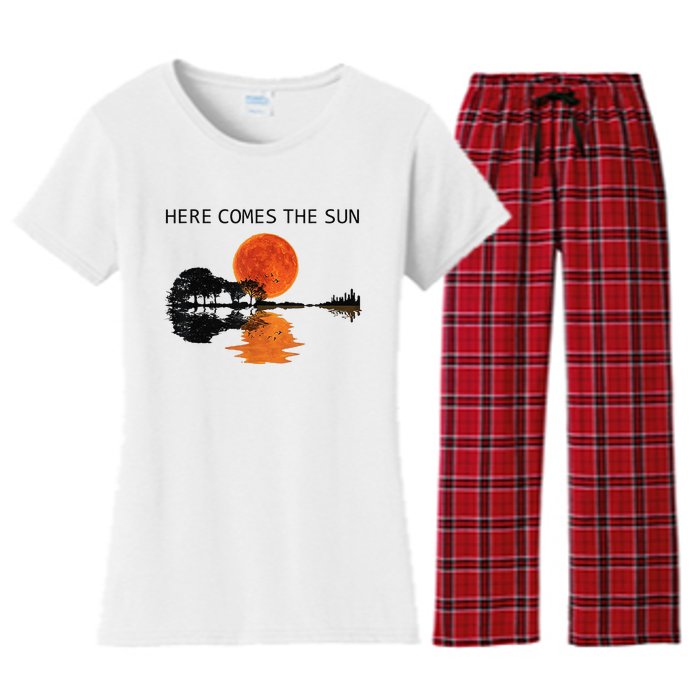 Here Comes The Sun Guitar Shadow Sunset  Women's Flannel Pajama Set