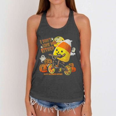 Halloween Costume Team Candy Corn I DonT Like You Either Gift Women's Knotted Racerback Tank