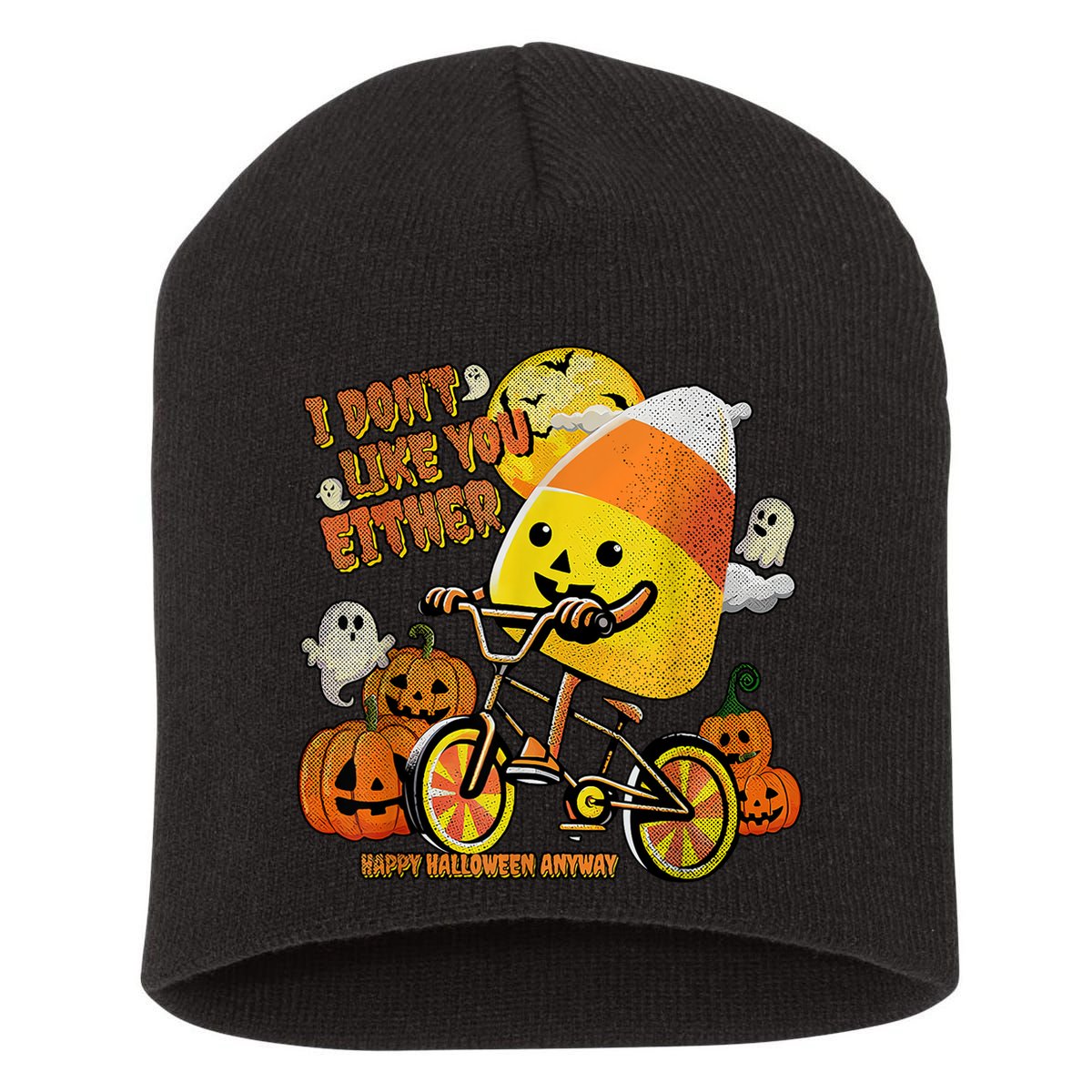 Halloween Costume Team Candy Corn I DonT Like You Either Short Acrylic Beanie