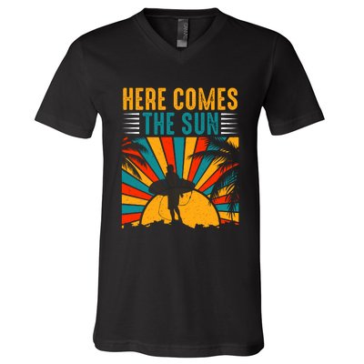 Here Comes The Sun | Surfing Summer Surf Surfer Gift V-Neck T-Shirt