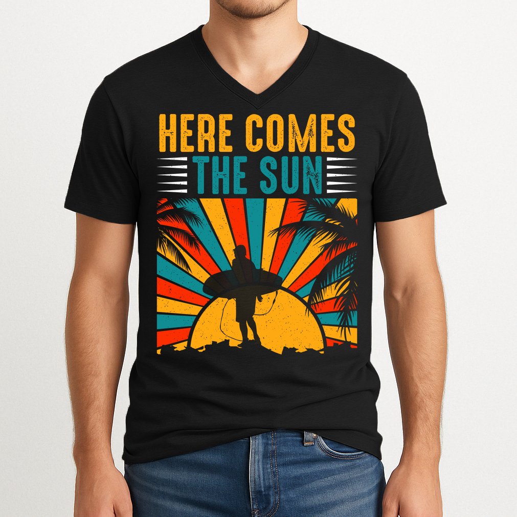 Here Comes The Sun | Surfing Summer Surf Surfer Gift V-Neck T-Shirt