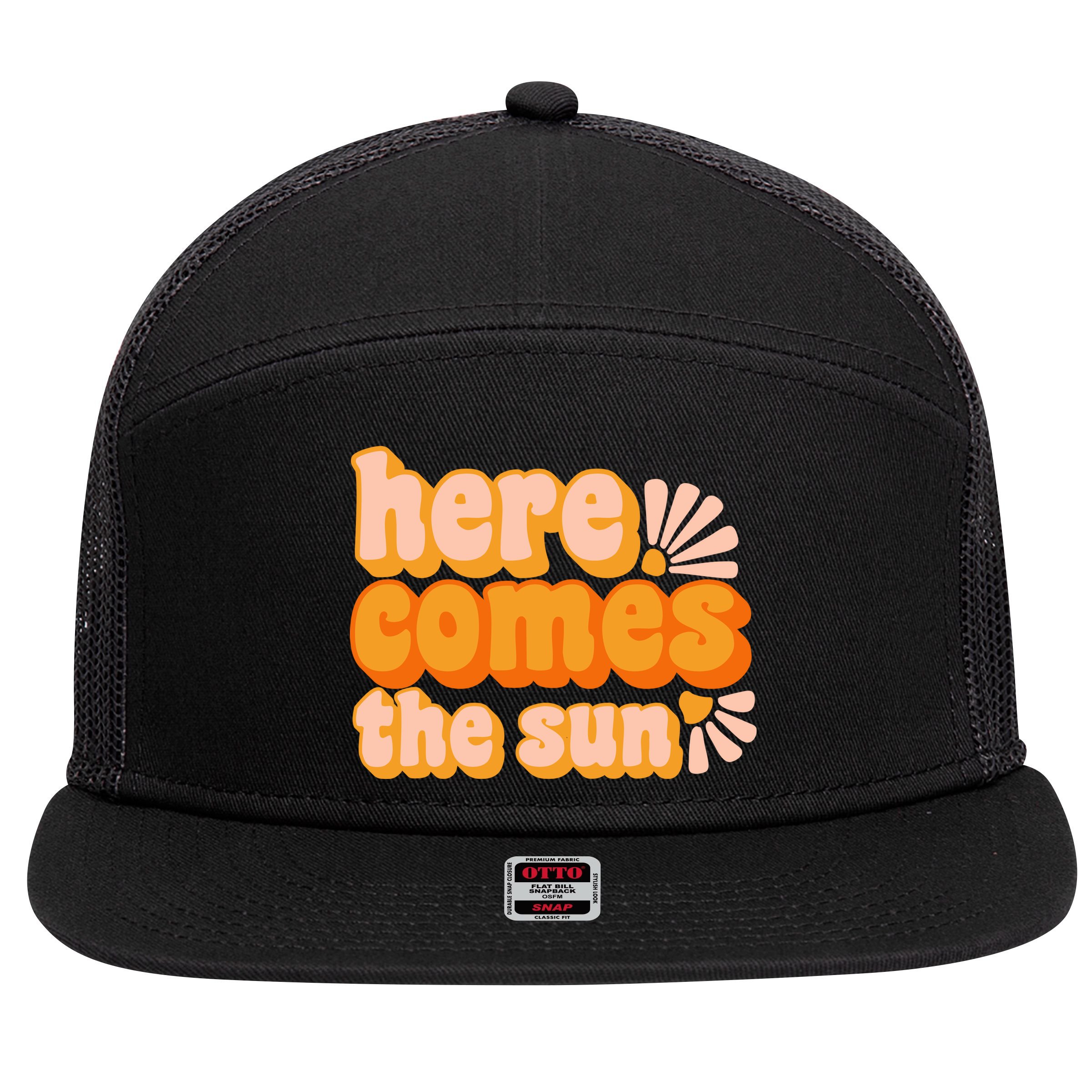 Here Comes The Sun Summer Vibes 7 Panel Mesh Trucker Snapback Hat