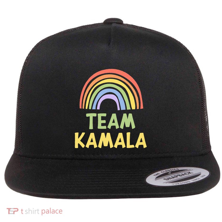 Happy Colorful Team Kamala Rainbow Pride Green Yellow Flat Bill Trucker Hat