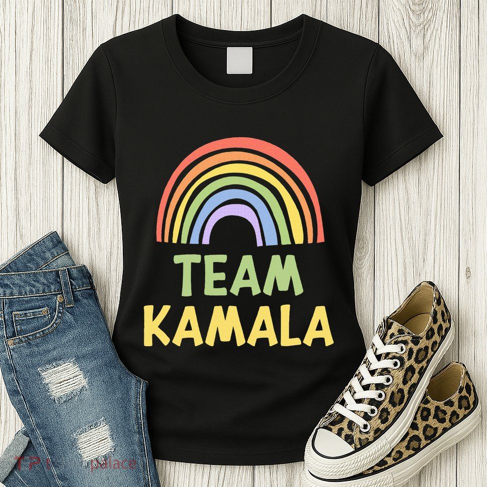 Happy Colorful Team Kamala Rainbow Pride Green Yellow Womens T-Shirt
