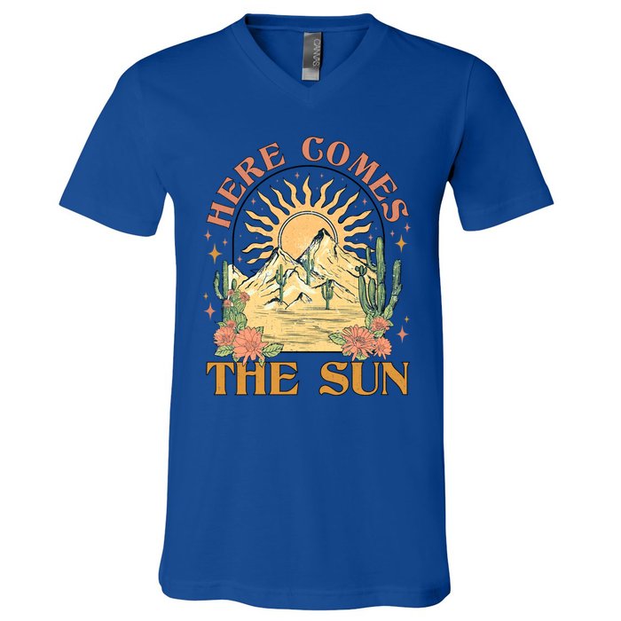 Here Comes The Sun Summer Vibes Summertime Vacation Funny Gift V-Neck T-Shirt