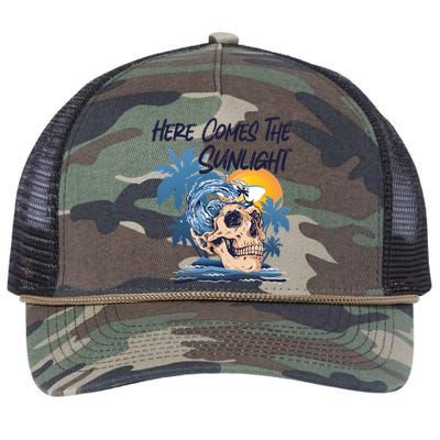 Here Comes The Sunlight Funny Summer Vibes Beach Vacation Gift Retro Rope Trucker Hat Cap