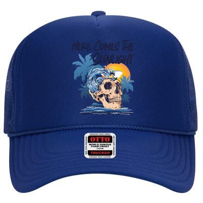 Here Comes The Sunlight Funny Summer Vibes Beach Vacation Gift High Crown Mesh Back Trucker Hat