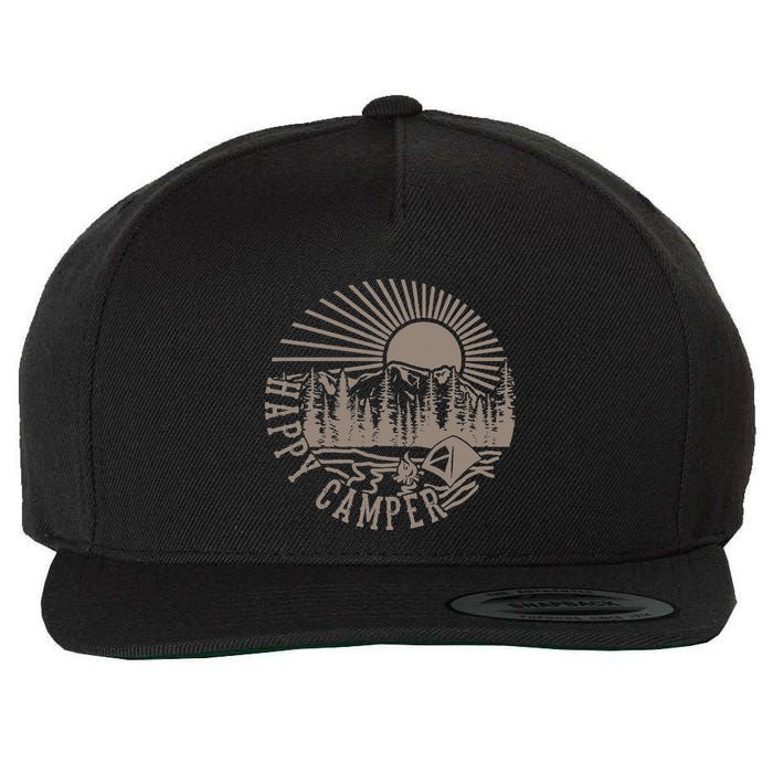 Happy Camper T With Trees Mountain And Sun Wool Snapback Cap