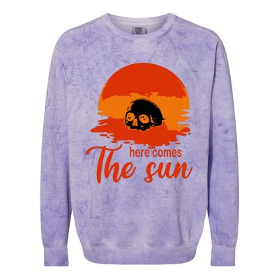 Here Comes The Sun Spooky Skull Vintage Halloween Colorblast Crewneck Sweatshirt