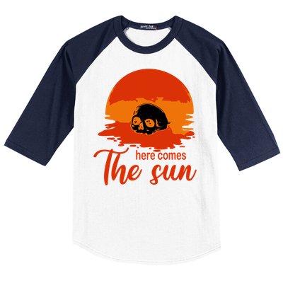 Here Comes The Sun Spooky Skull Vintage Halloween Baseball Sleeve Shirt