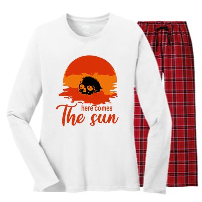 Here Comes The Sun Spooky Skull Vintage Halloween Women's Long Sleeve Flannel Pajama Set 