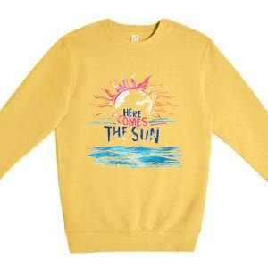 Here Comes The Sun Beach Retro Tropical Summer Cute Gift Premium Crewneck Sweatshirt