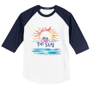 Here Comes The Sun Beach Retro Tropical Summer Cute Gift Baseball Sleeve Shirt