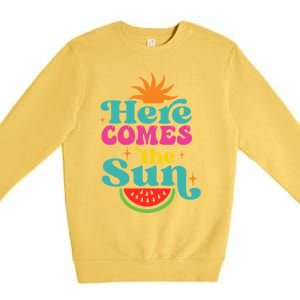 Here Comes The Sun Beach Retro Tropical Summer Cute Gift Premium Crewneck Sweatshirt