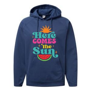 Here Comes The Sun Beach Retro Tropical Summer Cute Gift Performance Fleece Hoodie