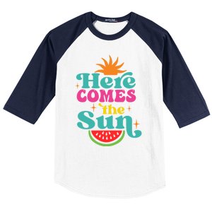 Here Comes The Sun Beach Retro Tropical Summer Cute Gift Baseball Sleeve Shirt