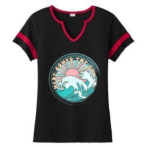 Here Comes The Sun Funny Summer Vacation Hawaii Beach Family Gift Ladies Halftime Notch Neck Tee