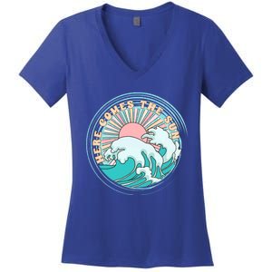 Here Comes The Sun Funny Summer Vacation Hawaii Beach Family Gift Women's V-Neck T-Shirt