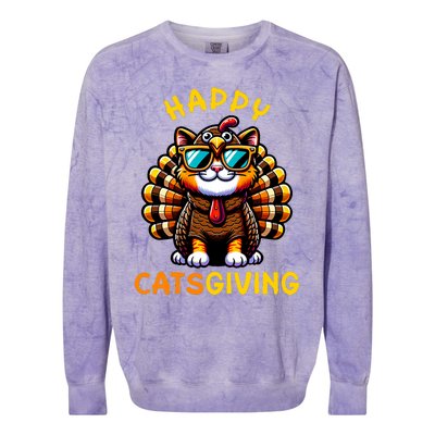 Happy Catsgiving Thanksgiving Funny Turkey Cat Colorblast Crewneck Sweatshirt