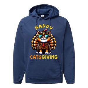 Happy Catsgiving Thanksgiving Funny Turkey Cat Performance Fleece Hoodie