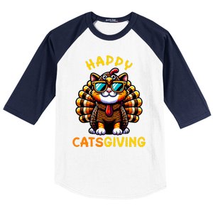 Happy Catsgiving Thanksgiving Funny Turkey Cat Baseball Sleeve Shirt