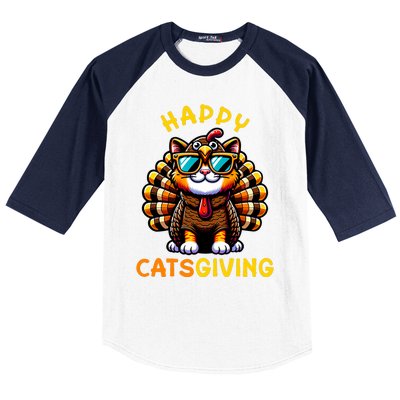 Happy Catsgiving Thanksgiving Funny Turkey Cat Baseball Sleeve Shirt