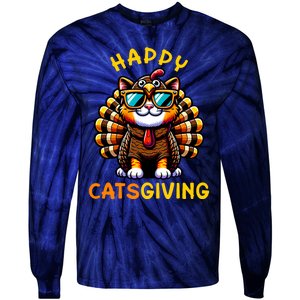 Happy Catsgiving Thanksgiving Funny Turkey Cat Tie-Dye Long Sleeve Shirt