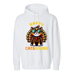 Happy Catsgiving Thanksgiving Funny Turkey Cat Garment-Dyed Fleece Hoodie