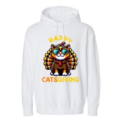 Happy Catsgiving Thanksgiving Funny Turkey Cat Garment-Dyed Fleece Hoodie